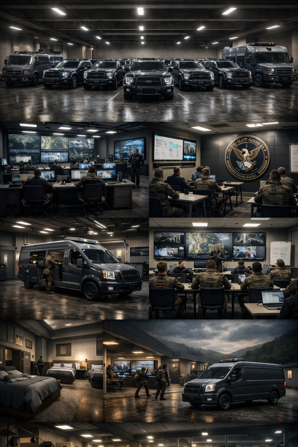 Fleet garage, command center, and tactical facility visuals