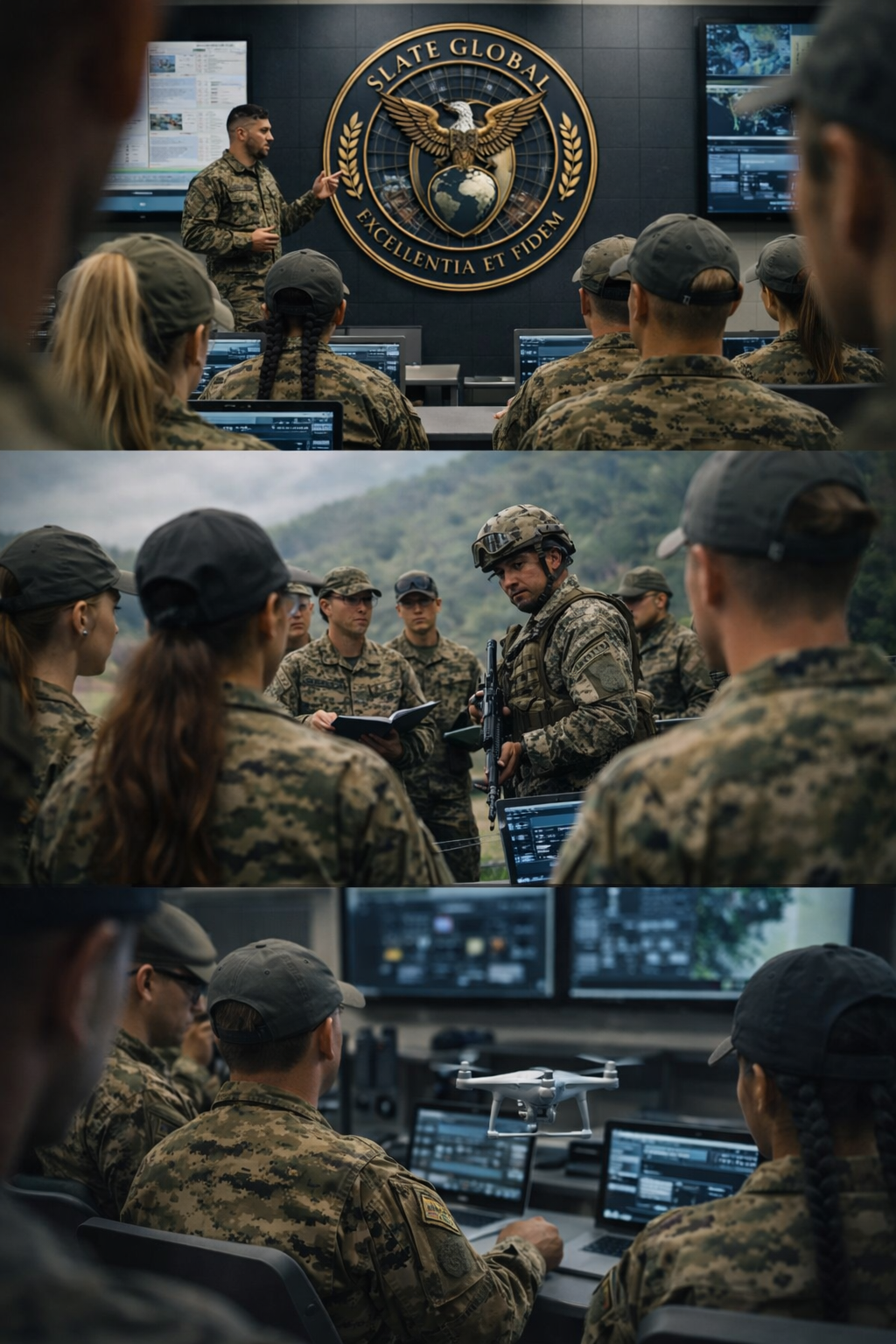 Vertical tactical training sequence with briefing, field scene, and drone control